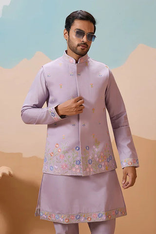Trendy Lavender Wedding Celebration Beige Kurta Koti Pant Mens Clothsvilla
