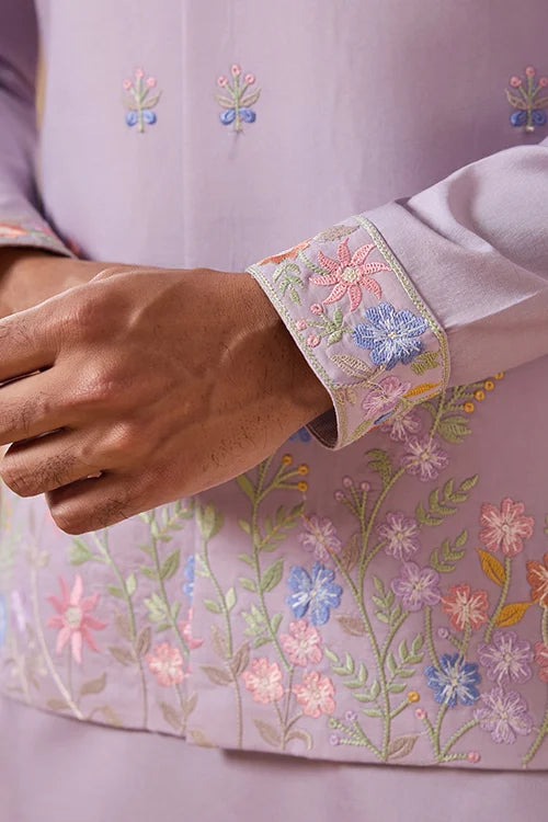 Trendy Lavender Wedding Celebration Beige Kurta Koti Pant Mens Clothsvilla