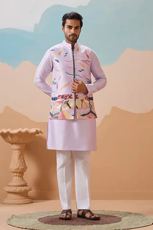 Lavender Wedding Carnival Koti Kurta Set for Mens Clothsvilla