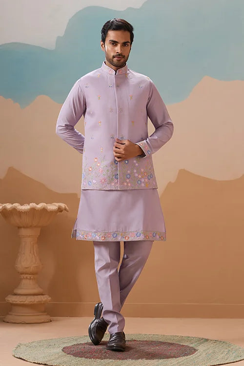 Trendy Lavender Wedding Celebration Beige Kurta Koti Pant Mens Clothsvilla