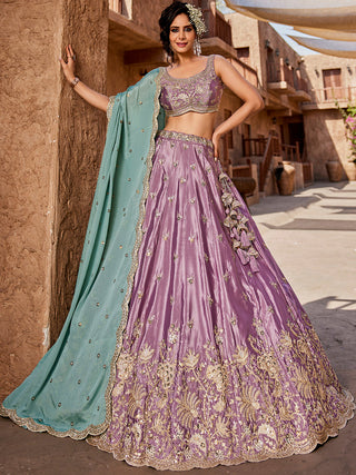 Lavender Satin Silk Sequins embroidery Semi-Stitched Lehenga choli & Dupatta Clothsvilla