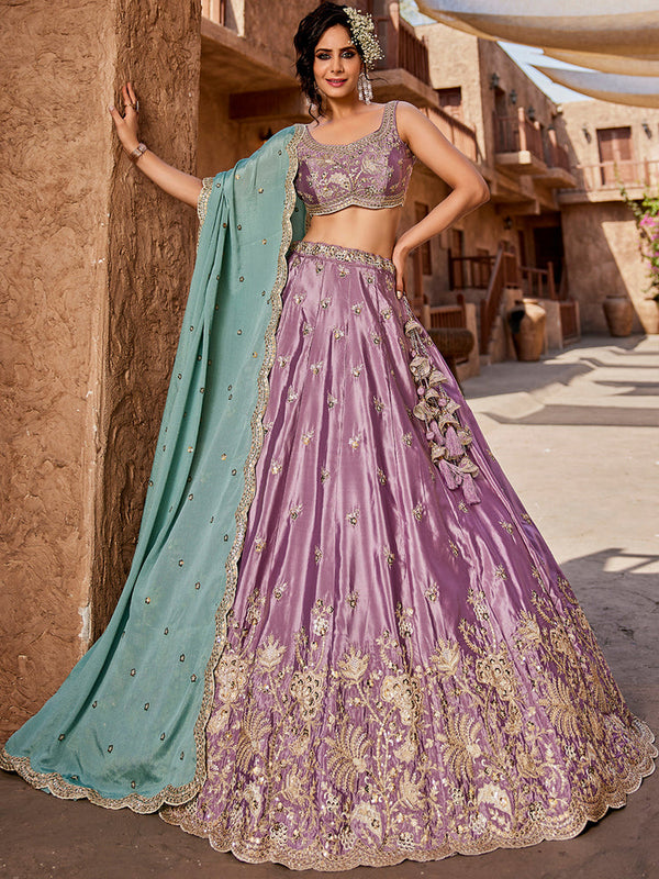 Lavender Satin Silk Sequins embroidery Semi-Stitched Lehenga choli & Dupatta Clothsvilla
