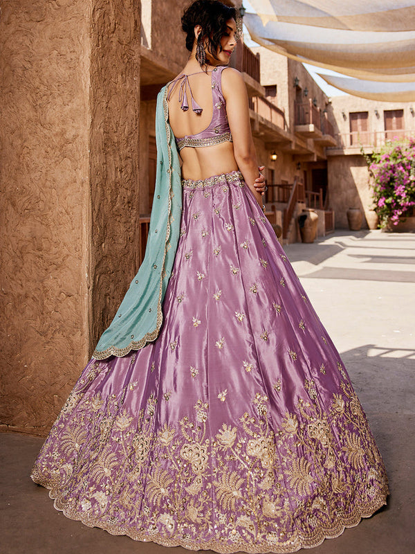 Lavender Satin Silk Sequins embroidery Semi-Stitched Lehenga choli & Dupatta Clothsvilla