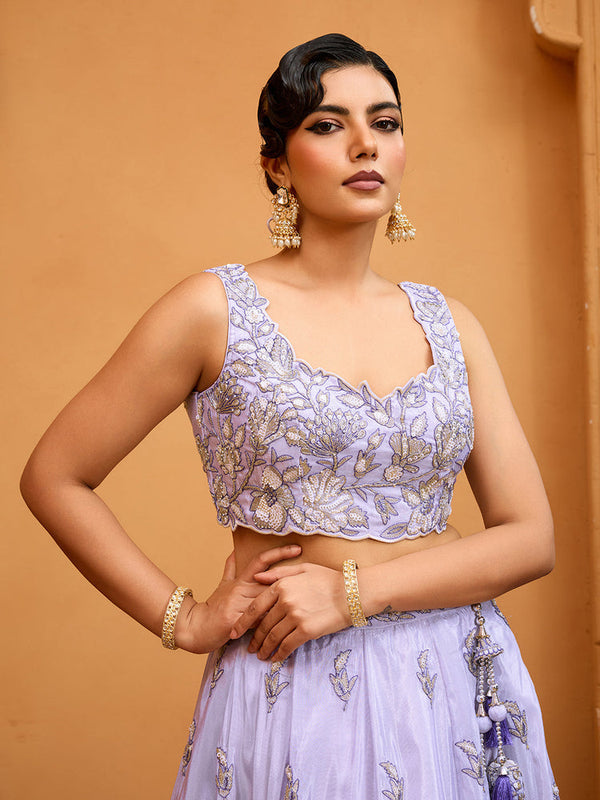 Lavender Tissue Lehenga Choli with Navy Blue Dupatta – Sequin, Beads & Thread Embroidery Work Semi-Stitched Festive & Party Wear ClothsVilla