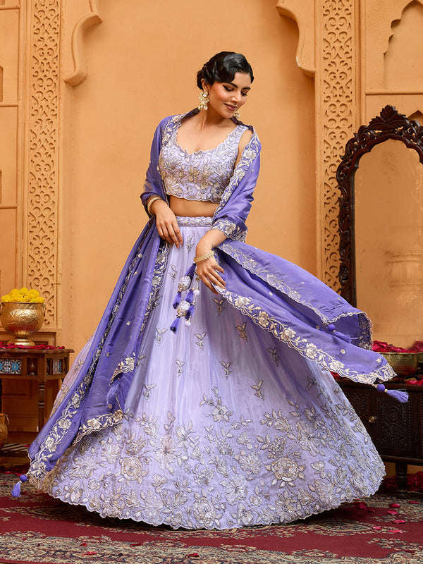 Lavender Tissue Lehenga Choli with Navy Blue Dupatta – Sequin, Beads & Thread Embroidery Work Semi-Stitched Festive & Party Wear ClothsVilla
