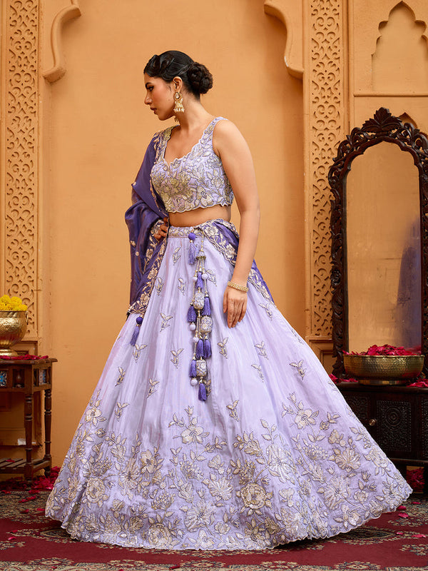 Lavender Tissue Lehenga Choli with Navy Blue Dupatta – Sequin, Beads & Thread Embroidery Work Semi-Stitched Festive & Party Wear ClothsVilla