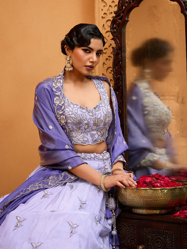 Lavender Tissue Lehenga Choli with Navy Blue Dupatta – Sequin, Beads & Thread Embroidery Work Semi-Stitched Festive & Party Wear ClothsVilla