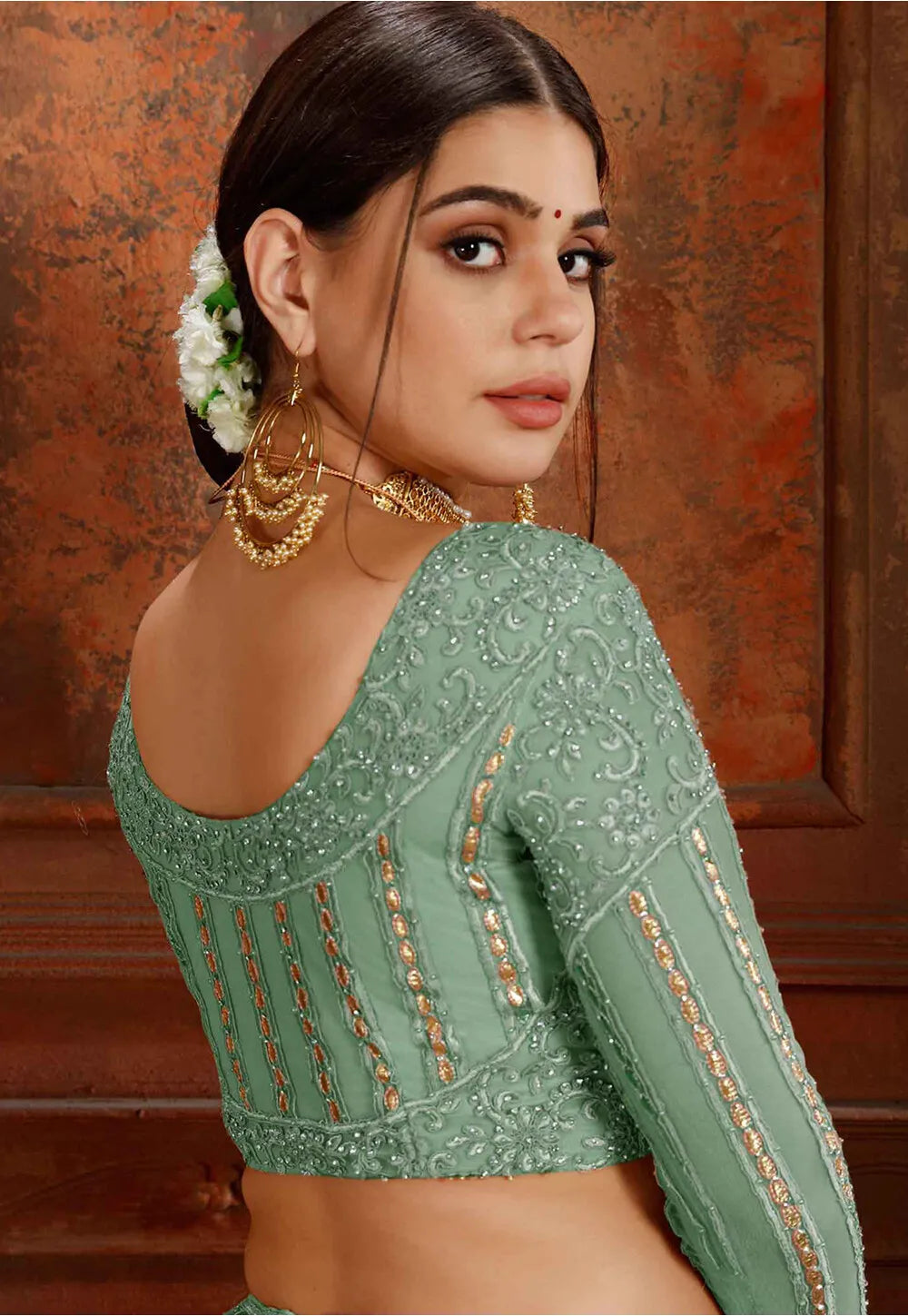 Light-Green Embroidered Net Semi Stitched Lehenga Clothsvilla