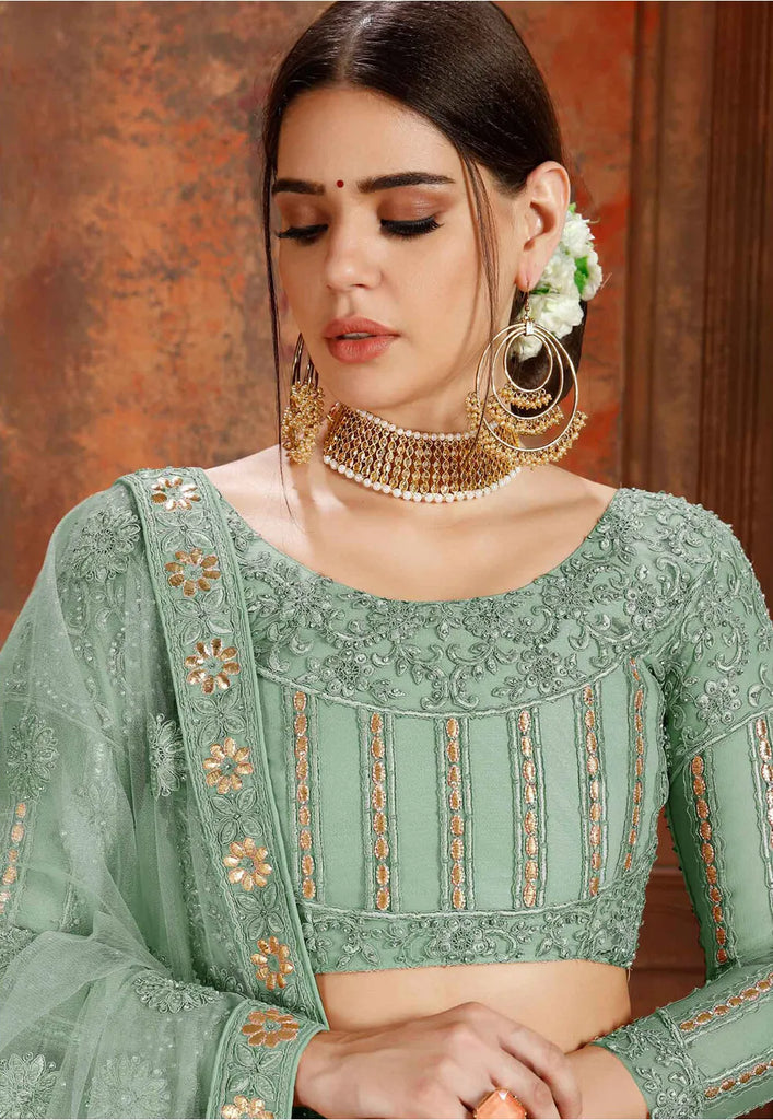 Light-Green Embroidered Net Semi Stitched Lehenga Clothsvilla