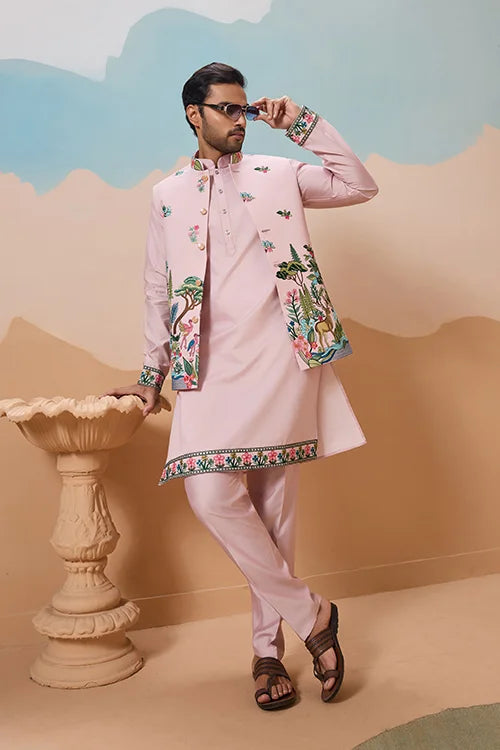 Classy Light Pink Mens Koti Kurta for Wedding Celebrations Clothsvilla