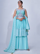 Load image into Gallery viewer, Light Blue Mirror Work Multi Embroidery Chiffon Palazzo Suit Clothsvilla