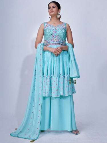 Light Blue Mirror Work Multi Embroidery Chiffon Palazzo Suit Clothsvilla