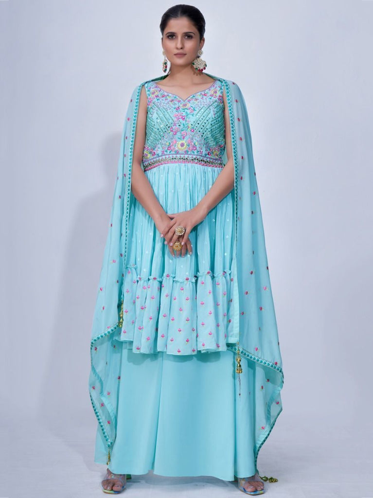 Light Blue Mirror Work Multi Embroidery Chiffon Palazzo Suit Clothsvilla