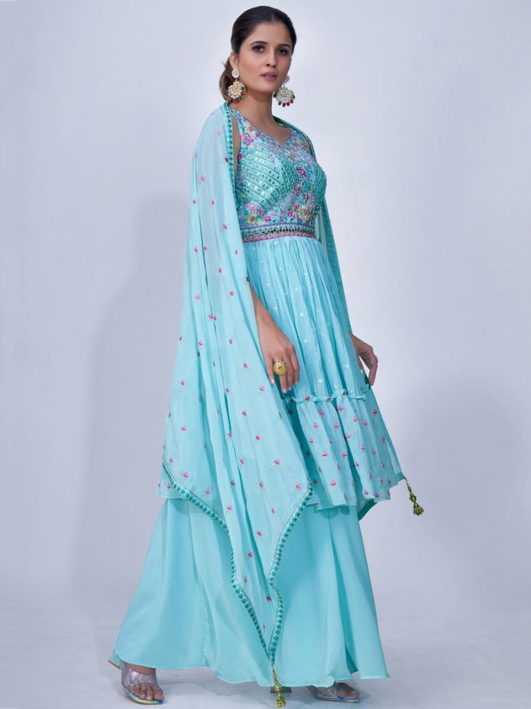 Light Blue Mirror Work Multi Embroidery Chiffon Palazzo Suit Clothsvilla