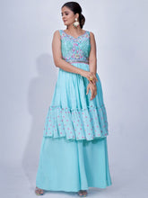 Load image into Gallery viewer, Light Blue Mirror Work Multi Embroidery Chiffon Palazzo Suit Clothsvilla