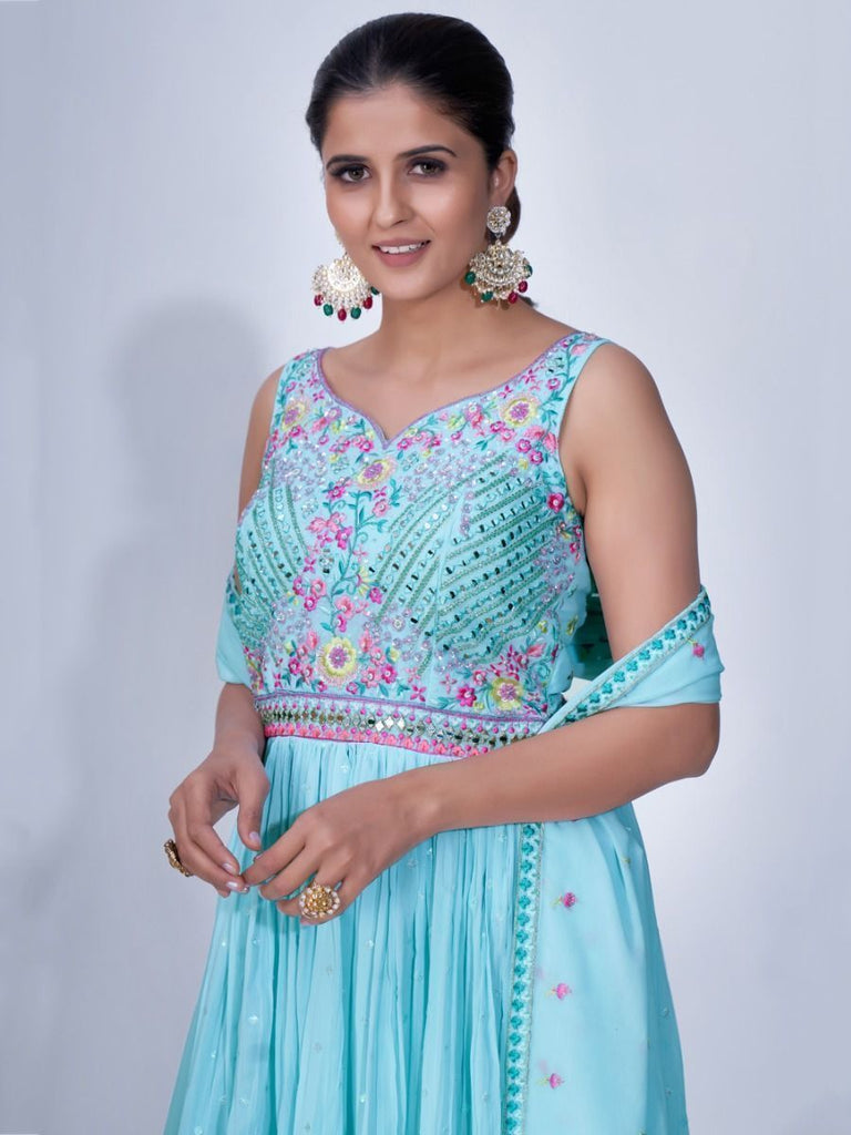 Light Blue Mirror Work Multi Embroidery Chiffon Palazzo Suit Clothsvilla