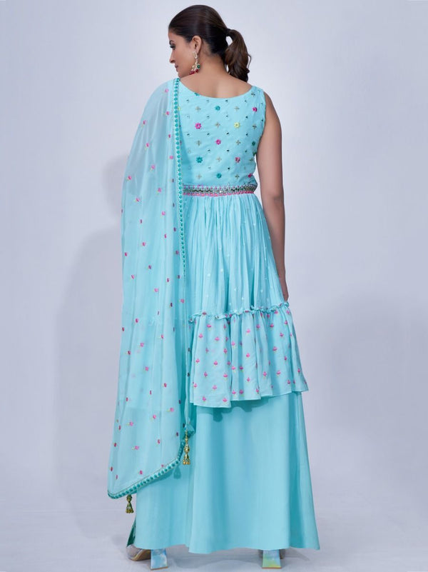 Light Blue Mirror Work Multi Embroidery Chiffon Palazzo Suit Clothsvilla