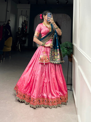 Light Pink Paithani Jacquard Silk Lehenga Set with Zari Weaving, Embroidery & Scallop ClothsVilla
