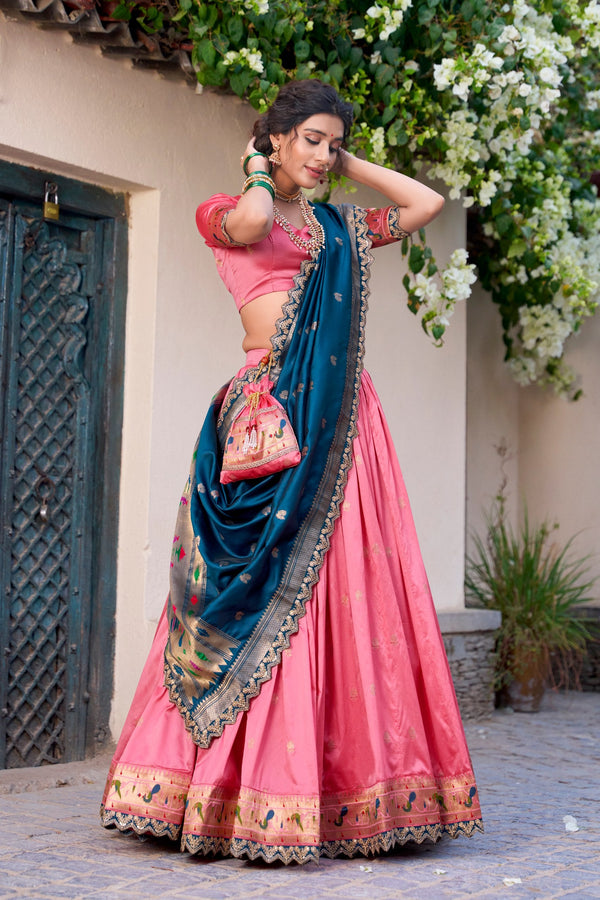 Light Pink Paithani Jacquard Silk Lehenga Set with Zari Weaving, Embroidery & Scallop ClothsVilla