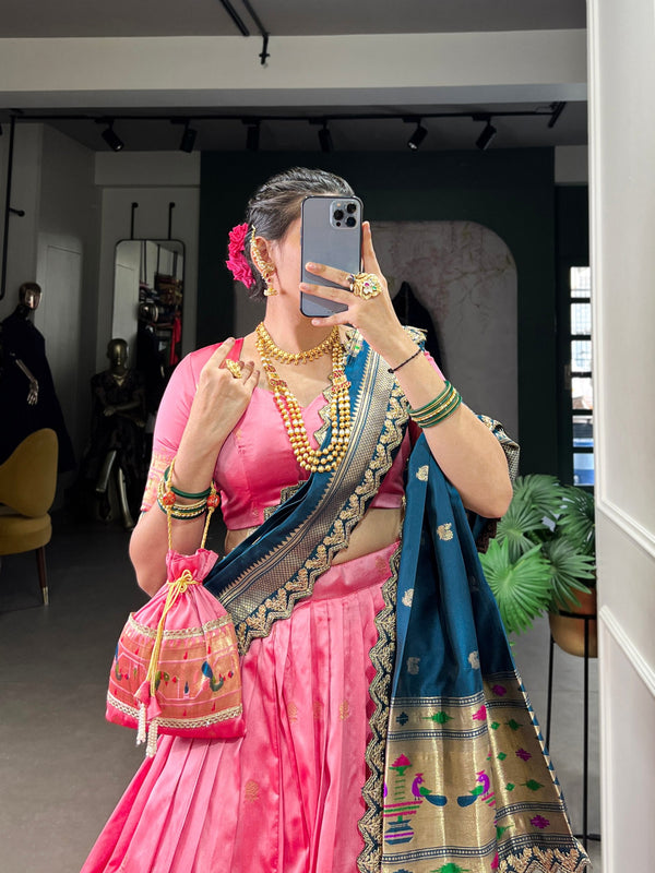Light Pink Paithani Jacquard Silk Lehenga Set with Zari Weaving, Embroidery & Scallop ClothsVilla