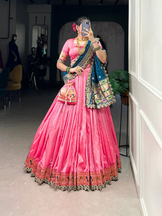 Light Pink Paithani Jacquard Silk Lehenga Set with Zari Weaving, Embroidery & Scallop ClothsVilla