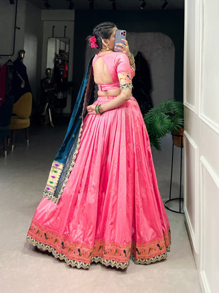 Light Pink Paithani Jacquard Silk Lehenga Set with Zari Weaving, Embroidery & Scallop ClothsVilla