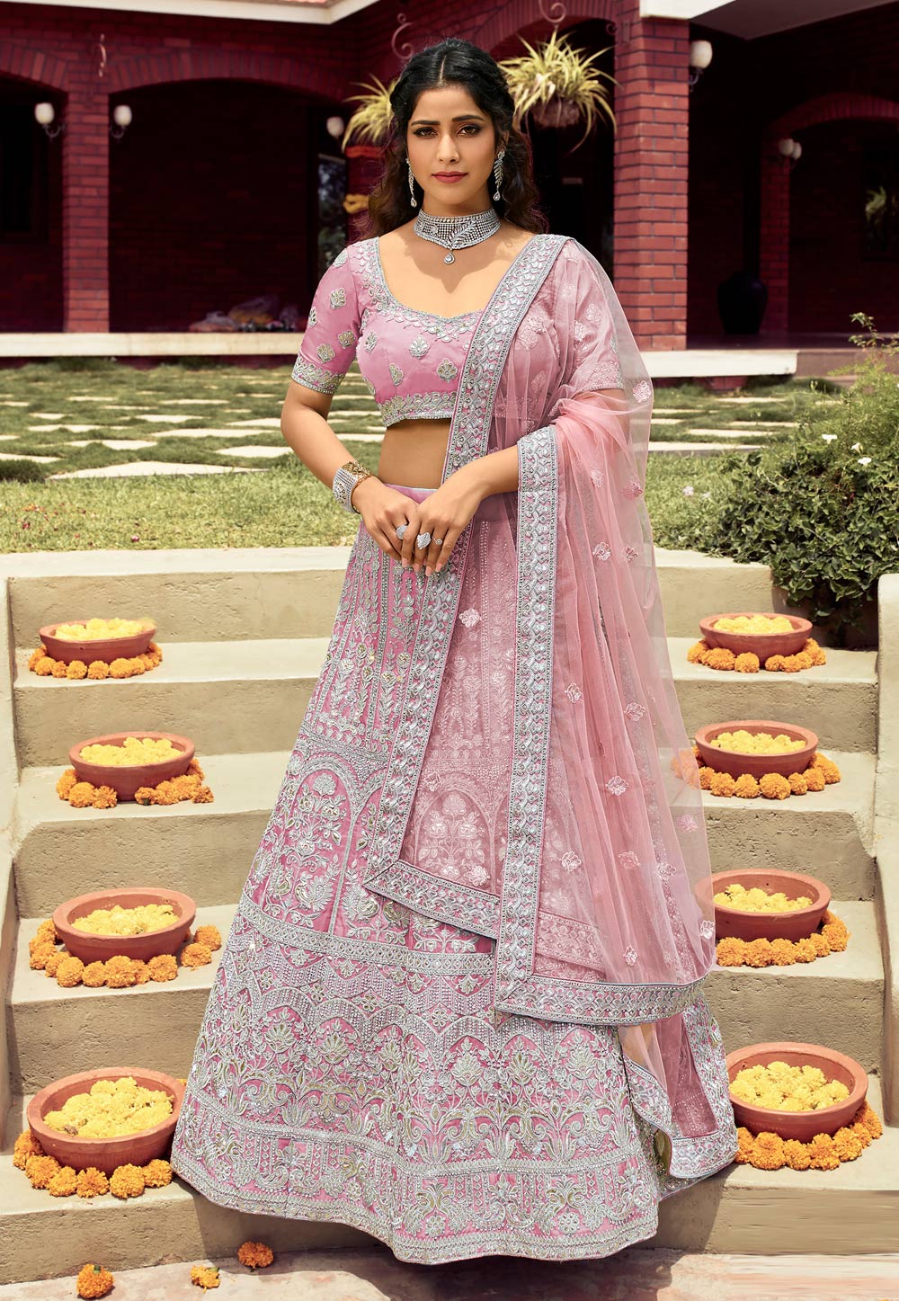 Light Purple Embroidered Organza Semi Stitched Lehenga ClothsVilla Main image