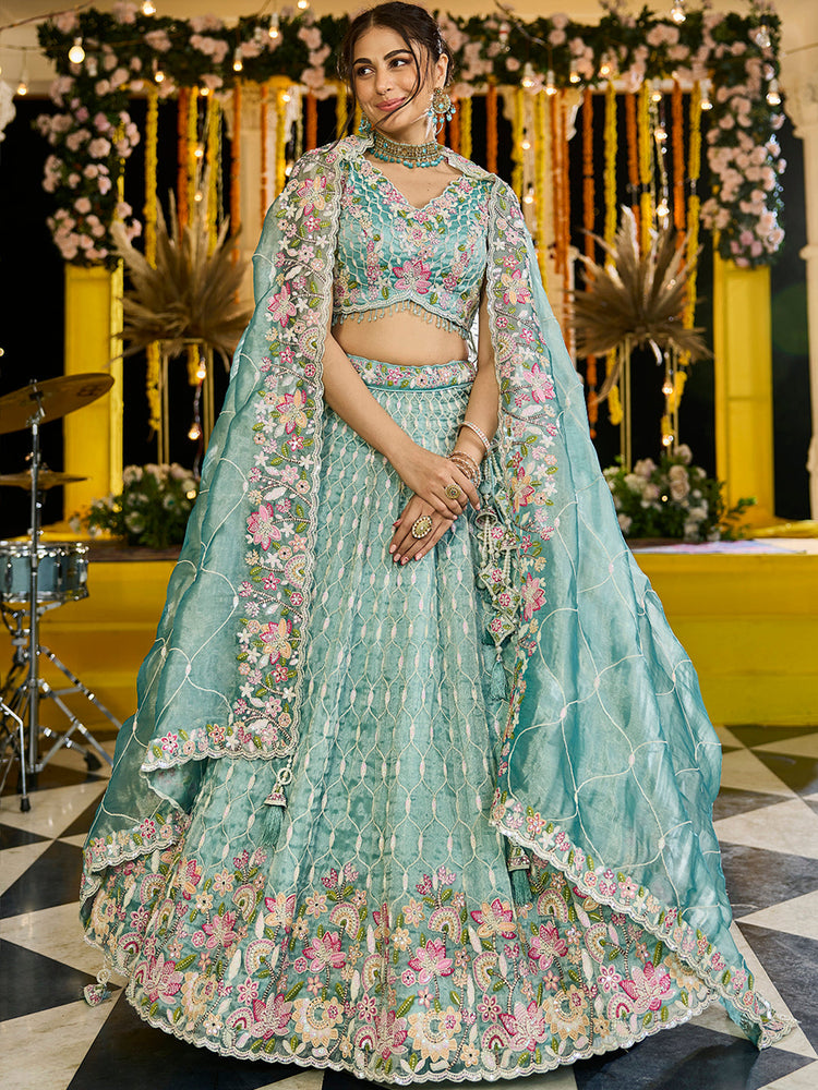 Lime Green Satin Silk Sequins & Embroidery Lehenga Choli with Ethnic Dupatta – 4 Meter Flair, Fully Stitched ClothsVilla