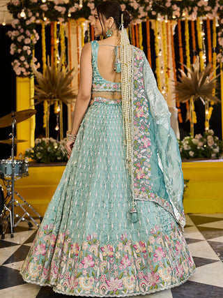 Lime Green Satin Silk Sequins & Embroidery Lehenga Choli with Ethnic Dupatta – 4 Meter Flair, Fully Stitched ClothsVilla