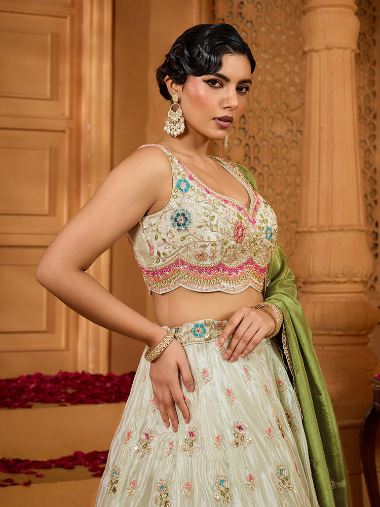 Lime Green Tissue Lehenga Choli with Sequins, Beads & Thread Embroidery – Full-Flared Semi-Stitched Lehenga with Dupatta ClothsVilla