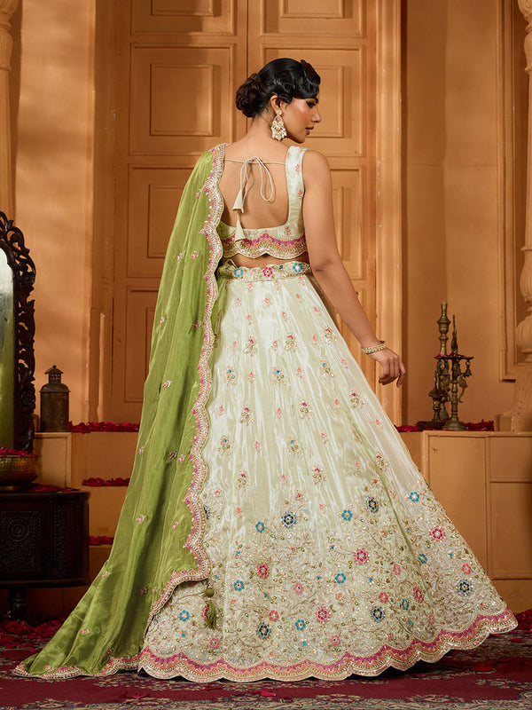 Lime Green Tissue Lehenga Choli with Sequins, Beads & Thread Embroidery – Full-Flared Semi-Stitched Lehenga with Dupatta ClothsVilla