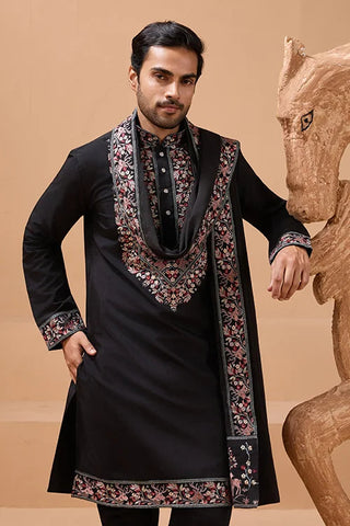 Luxury Wedding Look Black Kurta with Dupatta for Mens Wear Clothsvilla
