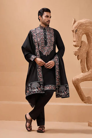 Luxury Wedding Look Black Kurta with Dupatta for Mens Wear Clothsvilla