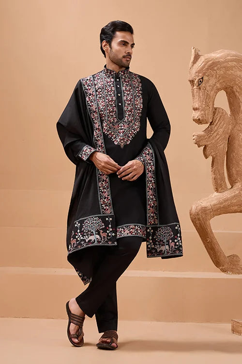 Luxury Wedding Look Black Kurta with Dupatta for Mens Wear Clothsvilla