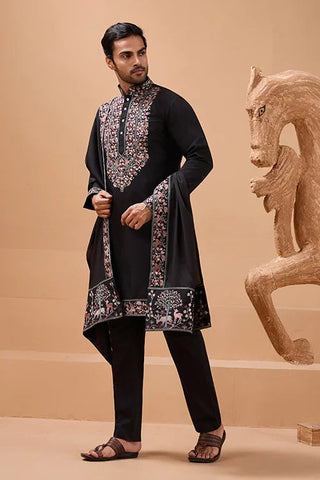 Luxury Wedding Look Black Kurta with Dupatta for Mens Wear Clothsvilla