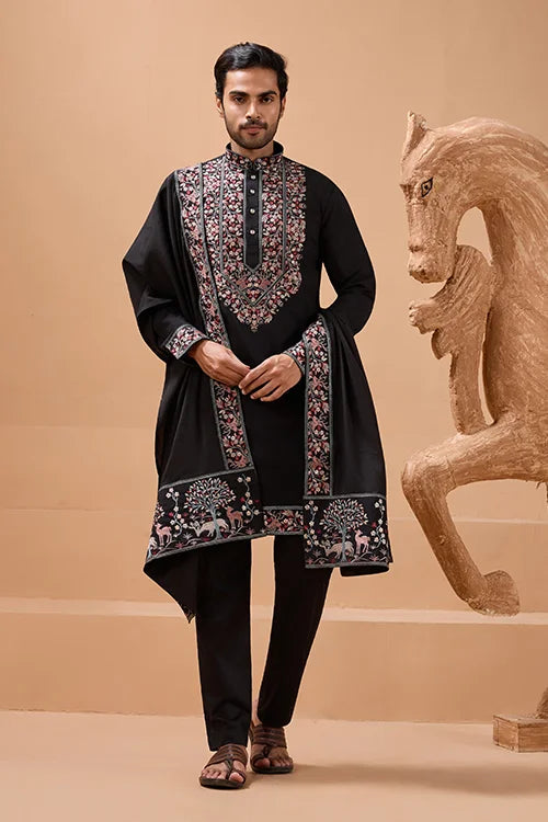 Luxury Wedding Look Black Kurta with Dupatta for Mens Wear Clothsvilla