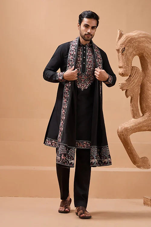 Luxury Wedding Look Black Kurta with Dupatta for Mens Wear Clothsvilla