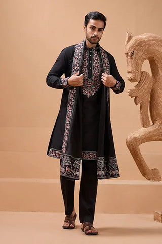 Luxury Wedding Look Black Kurta with Dupatta for Mens Wear Clothsvilla