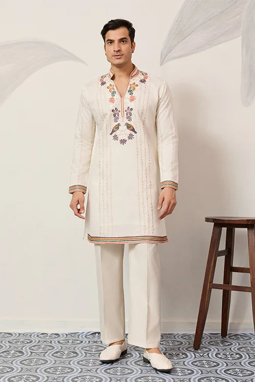 Luxury White V Neck Kurta Pant for Festive Wear Clothsvilla