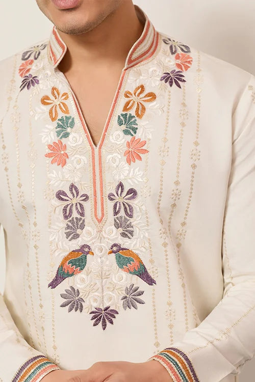Luxury White V Neck Kurta Pant for Festive Wear Clothsvilla