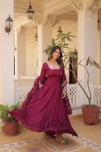 Load image into Gallery viewer, Embrace timeless elegance with our meticulously crafted Vichitra silk Magenta Pink gown and dupatta set. ClothsVilla