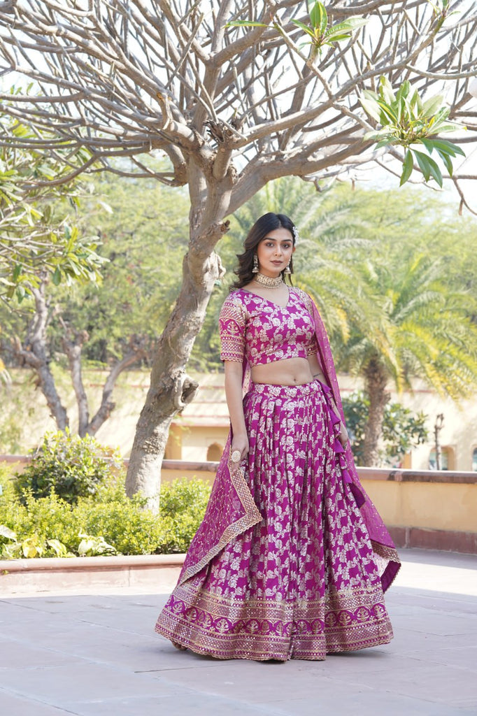 Designer Dyeable Viscose Jacquard Magenta Pink Lehenga Choli & Dupatta Set with Sequins Embroidery ClothsVilla