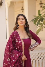 Load image into Gallery viewer, Embrace timeless elegance with our meticulously crafted Vichitra silk Magenta Pink gown and dupatta set. ClothsVilla