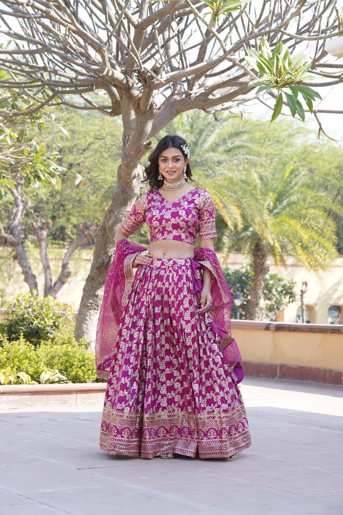 Designer Dyeable Viscose Jacquard Magenta Pink Lehenga Choli & Dupatta Set with Sequins Embroidery ClothsVilla