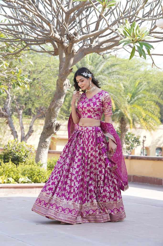 Designer Dyeable Viscose Jacquard Magenta Pink Lehenga Choli & Dupatta Set with Sequins Embroidery ClothsVilla