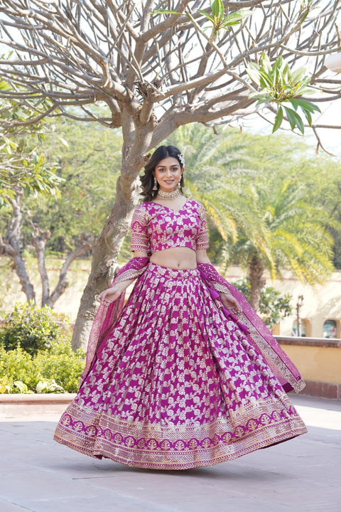 Designer Dyeable Viscose Jacquard Magenta Pink Lehenga Choli & Dupatta Set with Sequins Embroidery ClothsVilla Main image