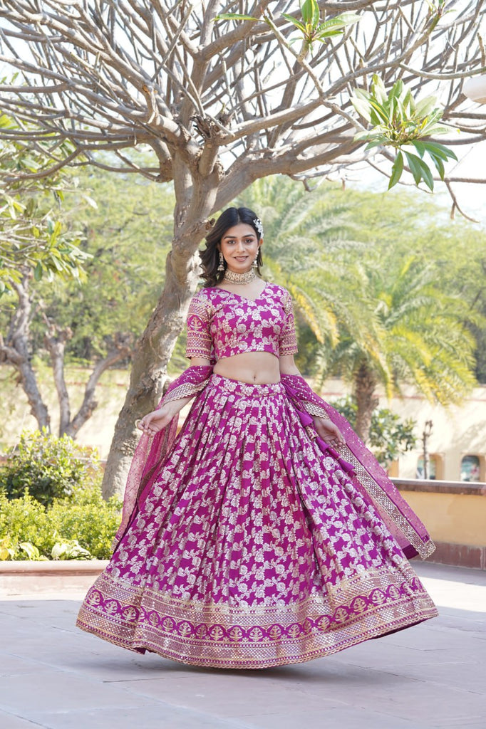 Designer Dyeable Viscose Jacquard Magenta Pink Lehenga Choli & Dupatta Set with Sequins Embroidery ClothsVilla