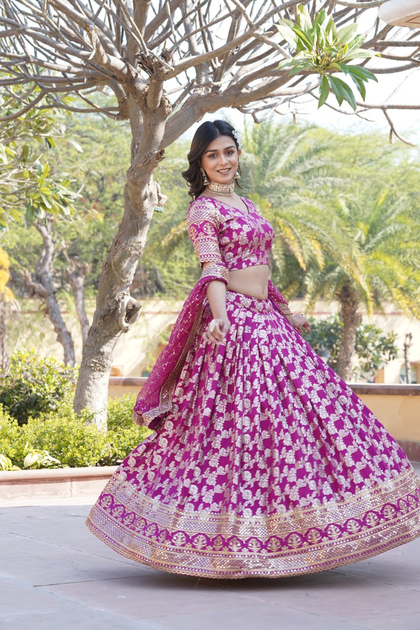 Designer Dyeable Viscose Jacquard Magenta Pink Lehenga Choli & Dupatta Set with Sequins Embroidery ClothsVilla