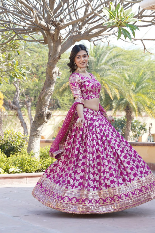 Designer Dyeable Viscose Jacquard Magenta Pink Lehenga Choli & Dupatta Set with Sequins Embroidery ClothsVilla