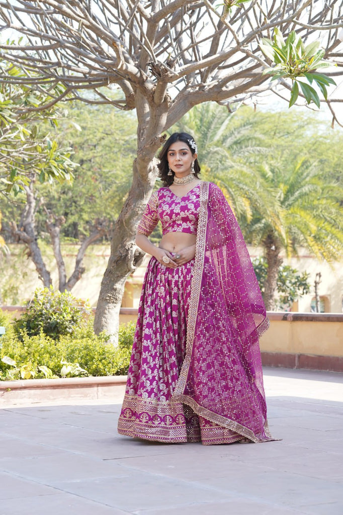 Designer Dyeable Viscose Jacquard Magenta Pink Lehenga Choli & Dupatta Set with Sequins Embroidery ClothsVilla